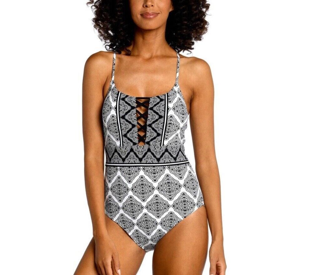 La Blanca Oasis Tile Strappy Back One-Piece Swimsuit Sz 12 New